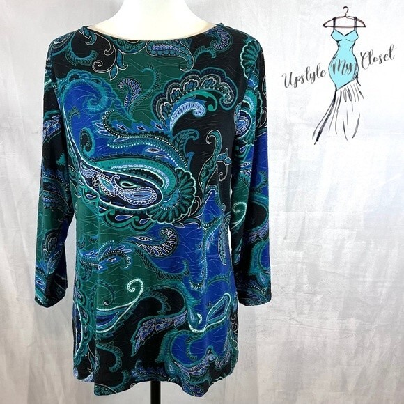 Croft & Barrow royal blue black and green paisley print jacquard top size large - Picture 1 of 5